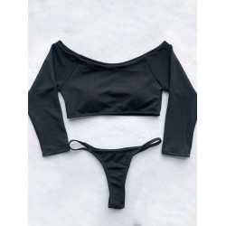 Off-The-Shoulder Ribbed Plain Tankini Swimsuit