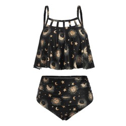 Fashion Hollow Spaghetti-Neck Printing High Waist Tankini Swimsuit