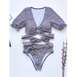 Floral-Print Short Sleeves Split Bikini Swimsuit