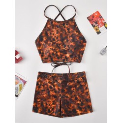 Leopard Print Bandage Backless Split Bikini Swimsuit
