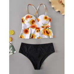 Floral-Print Underwired Falbala Split Bikini Swimsuit