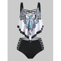 Floral-Print Conservative Bandage Cropped Split Tankini Swimsuit