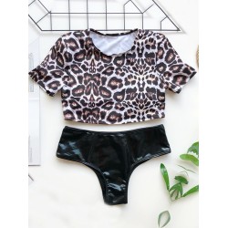 Leopard Print Color-Block Short Sleeve Split Bikini Swimsuit
