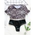 Leopard Print Color-Block Short Sleeve Split Bikini Swimsuit