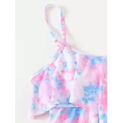 Gradient Printed Falbala Tiered Split Tankini Swimsuit