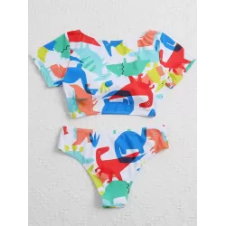 Floral-Print Knotted Short Sleeve Split Tankini Swimsuit