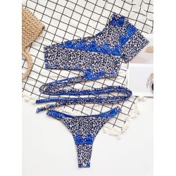 Leopard Print Bandage One-Shoulder Split Tankini Swimsuit