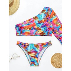 One-Shoulder Color-Block Brazilian Tankini Swimwear