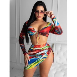 Colorful Long Sleeve Split Tankini Swimsuit+Cover-Ups Three-Piece Set