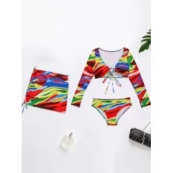 Colorful Long Sleeve Split Tankini Swimsuit+Cover-Ups Three-Piece Set