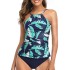 Leaves Printing Backless Slim Tankini Swimsuit