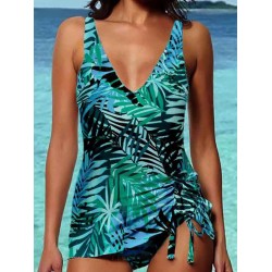 Holiday Style Floral Printed Smocked Tankini Swimsuit