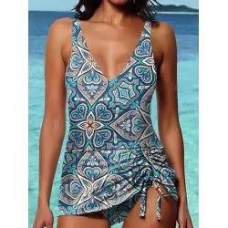 Holiday Style Floral Printed Smocked Tankini Swimsuit
