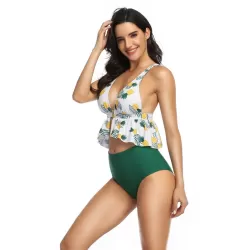 Floral Printed Falbala High-Waisted Backless Tankini Swimwear