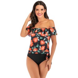 One-Shoulder Floral Printed High-Waisted Tankini Swimwear
