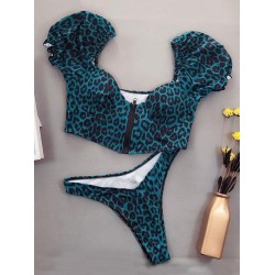Leopard Print Zipper Short Sleeves Split Bikini Swimsuit