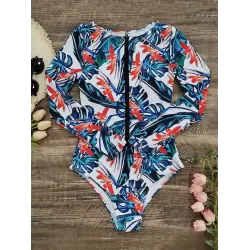 Fashion Floral Print Zipper Sexy  One-Piece Wetsuit Swimwear