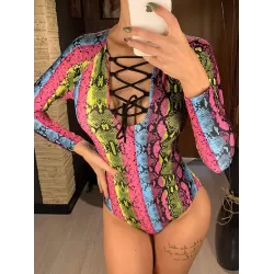 Long Sleeve Color-Block Snake-Print Bandage Wetsuit