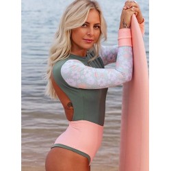Floral Long Sleeve Split-Joint Contrast Color Backless One-Piece Wetsuit