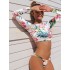 Long Sleeves Leaf Printing Hipster Bikini Rash Guard Swimsuit