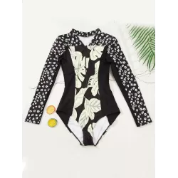 Long Sleeve Color-Block Floral Zipper Rash Guard