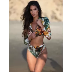 Deep V-Neck Zipper Long Sleeve High-Waisted Floral Split Wetsuit Swimwear