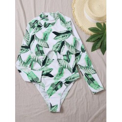 Floral Print Long Sleeve Hollow Zipper One-Piece Swimwear