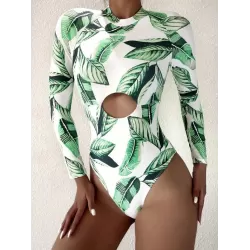 Floral Print Long Sleeve Hollow Zipper One-Piece Swimwear
