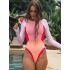 Long Sleeves Color-Block Floral Printed Zipper One-Piece Swimwear