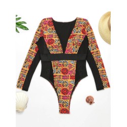 Ethnic Printed Split-Joint See-Through V-Neck One-Piece Wetsuit