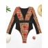 Ethnic Printed Split-Joint See-Through V-Neck One-Piece Wetsuit