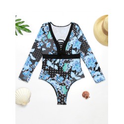 Floral-Print Split-Joint Long Sleeve One-Piece Wetsuit