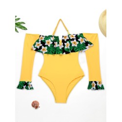 Floral-Print Split-Joint Falbala Off-The-Shoulder Long Sleeve One-Piece Wetsuit