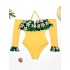 Floral-Print Split-Joint Falbala Off-The-Shoulder Long Sleeve One-Piece Wetsuit