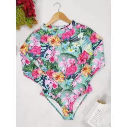 Long Sleeve Floral-Print Backless Wetsuit