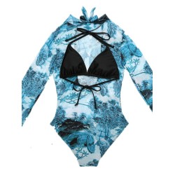 Long Sleeve Mesh Floral-Print Backless One-Piece Swimwear