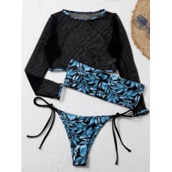 Floral-Print Bandeau Tie Side Long Sleeve Cover-Ups Swimwear