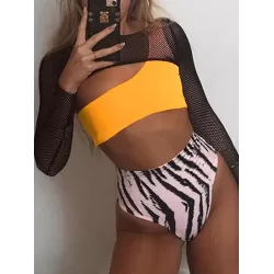 Long Sleeve Cover-Up Top One-Shoulder Bandeau High-Waisted Bikini Swimwear