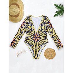 Long Sleeve Deep V-Neck Floral One-Piece Swimwear