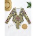Long Sleeve Deep V-Neck Floral One-Piece Swimwear