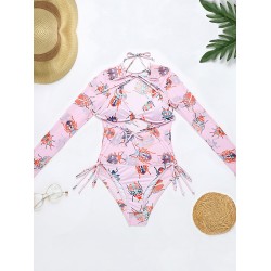 Long Sleeve Floral Mesh Three Pieces Bikini Swimwear