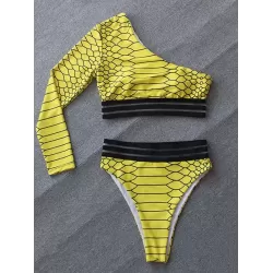 One-Shoulder Long Sleeve Snake-Print Split Bikini Swimsuit