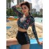 Leaf Print Round-Neck Long Sleeve High-Waisted Wetsuit Swimwear
