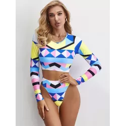 Geometric Print Round-Neck Padded High-Waisted Long Sleeve Wetsuit Swimwear