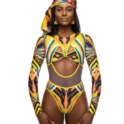 Long Sleeves Hollow Ethnic Printed Backless One-Piece Swimwear