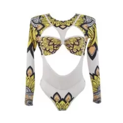 Long Sleeves Hollow Ethnic Printed Backless One-Piece Swimwear