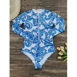Long-Sleeves Floral Printed Zipper One-Piece Wetsuits