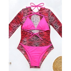 Long Sleeve Zebra Print Mesh Bikini Wetsuit Swimwear