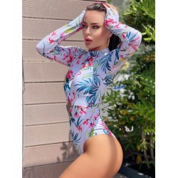 Floral Print Long Sleeve Hollow Zipper Wetsuit Rash Guard Swimwear