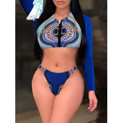 Floral Long Sleeve Zipper Backless Brazilian Wetsuit